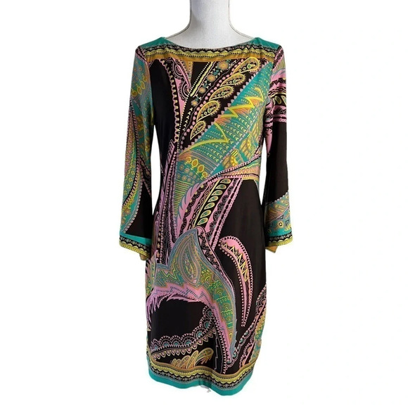 Beige by eci Dress 60s Style All Over Pattern Colorful Flared Sleeves Sheath - Picture 1 of 7